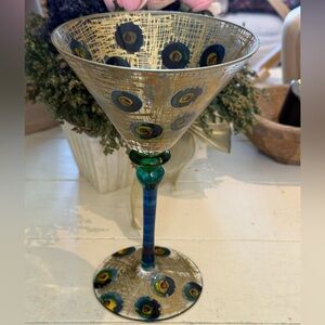 Artistic Hand painted  Martini Glass with Gold lattice and Blue olive Accents
